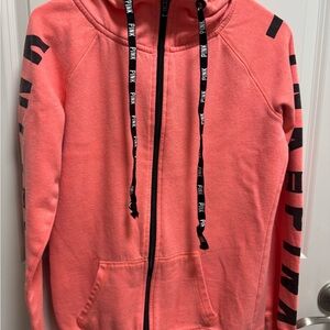 PINK Victoria's Secret Coral Fleece Hoodie with Black Logo Trim